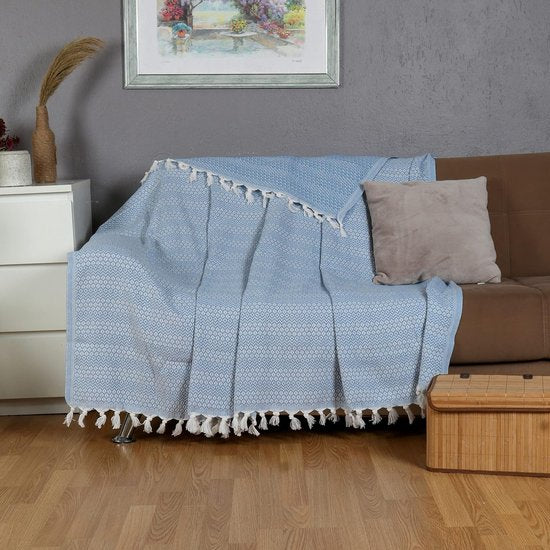 Eenpersoonsbed, sprei, lichtblauw, blauw, katoen, bankdeken, knuffelige tv-deken, bankdeken, bankdeken, omkeerbaar deken, sprei, bankdeken, zomerdeken, 150 x 200 cm