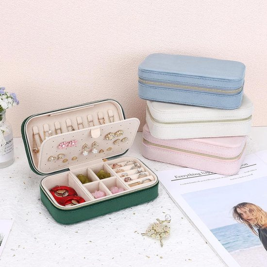 Klein reissieradenkistje, fluweel, voor meisjes en vrouwen, mini-sieradenorganizer, opslag voor ringen, oorbellen, halskettingen, armbanden, klein sieradenkistje, donkergroen