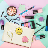 Draagbare make-uptas voor dames, make-uptas, esthetisch, glimlachprint, gezicht, cosmetica-organizer, toilettas met ritssluiting, geschikt als cadeau voor meisjes en moeders, beige, modern