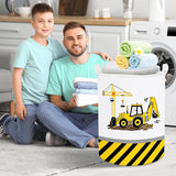 45L Cartoon Digger Sertifen Yellow Boys Laundry Basket Crane Round Toy Clothes Storage Basket for Baby Room, 36 x 45 cm