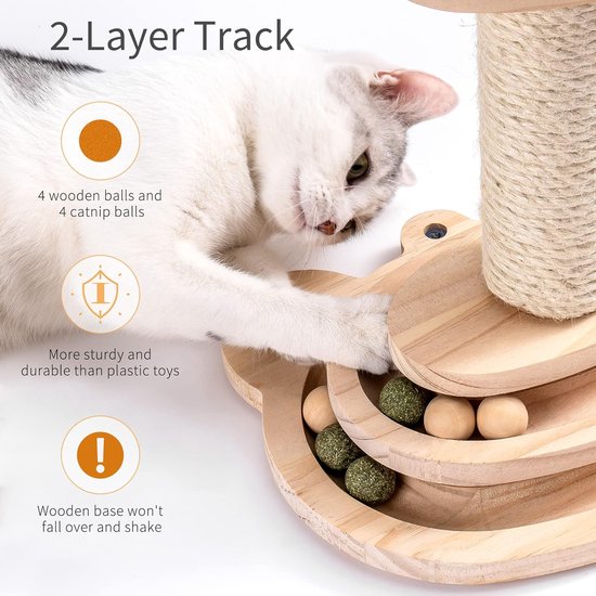 Houten kattenspeelgoedroller 2-laags draaitafel Interactief kattenspeelgoed met veren, 3-in-1 kittenspeelgoed Interactieve ballen en hangende ballen en kattenkrabben