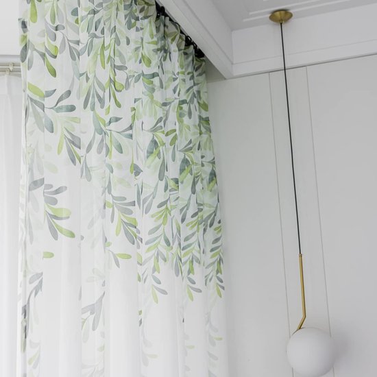 Gordijngordijn, bladeren, bedrukt, winkel, gordijnen, semi-transparant, stof, voile, vouwgordijn, lichtdoorlatend, raamgordijn, met inslagringen, zacht (1 stuk)