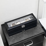 Horlogedoos met 6 vakken, horlogedoos met glazen deksel, 2 niveaus, horlogekoffer met uitneembaar horlogekussen, horlogedoos voor sieraden, ringen, armbanden en halskettingen, zwart