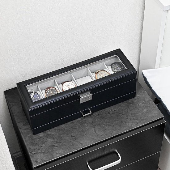 Horlogedoos met 6 vakken, horlogedoos met glazen deksel, 2 niveaus, horlogekoffer met uitneembaar horlogekussen, horlogedoos voor sieraden, ringen, armbanden en halskettingen, zwart