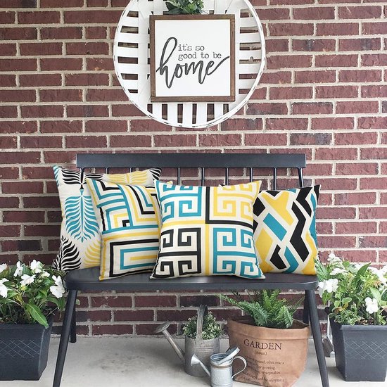 Waterdichte kuslus, 4 stuks, 45 x 45 cm, decoratief buitenkussen, waterdicht, koppeling, geel-zwart, geometrisch patroon, kussenlus, cadeau voor bankkussen, tuin, buiten