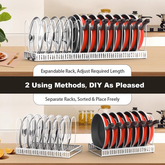 Housolution pannenhouder voor lade, uitbreidbare potdekselhouder met 14 verstelbare verdelers, potdeksel opbergpan organizer dekselhouder voor keuken, wit