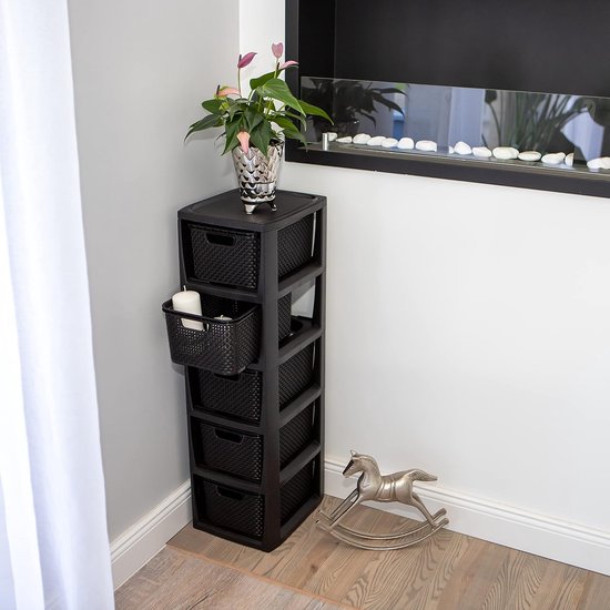 Home essentiële plank in rotan design, BPA-vrij kunststof PP, zwart, 29,5 x 24 x 80 cm, 5 manden.