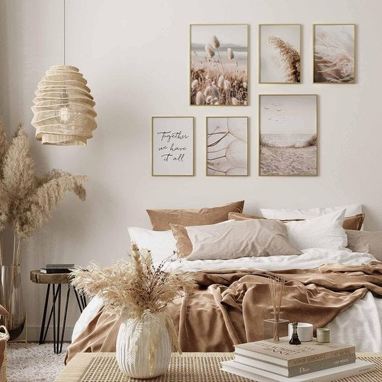 Premium posterset zonder fotolijst | 2 x DIN A3 & 4 x DIN A4 - ca. 30x42 & 21x30 | Stijlvolle postercollages met bijpassende prints als wanddecoratie » Oplettend Beige Strand «