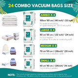 Pak met 24 vacuümzakken voor kleding op reis/dekbedden vacuümopbergzakken (4 jumbo 100 x 80 cm / 4 grote 80 x 60 cm / 8 middelgrote 70 x 50 cm / 8 kleine 60 x 40 cm) ruimtebesparende vacuümopslag voor kleding