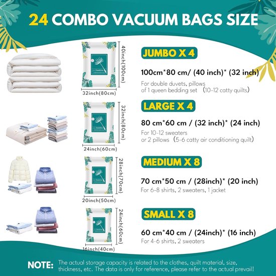 Pak met 24 vacuümzakken voor kleding op reis/dekbedden vacuümopbergzakken (4 jumbo 100 x 80 cm / 4 grote 80 x 60 cm / 8 middelgrote 70 x 50 cm / 8 kleine 60 x 40 cm) ruimtebesparende vacuümopslag voor kleding