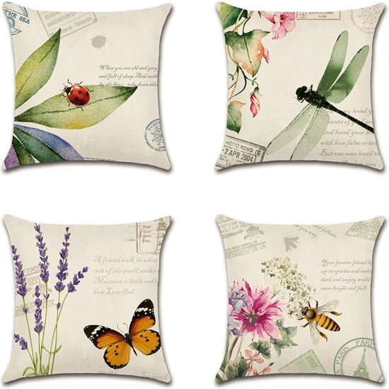 Waterproof Cushion Covers, Pack of 4 Insects and Plants Cushion Cover, Breathable Cushion Case for Outdoor, Balcony, Patio, Garden, Farmhouse Decor, 40 x 40 cm