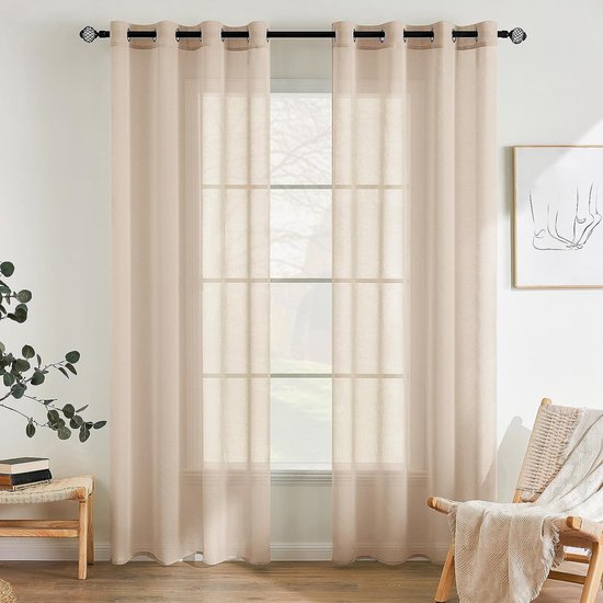 Glasgordijn, polyester voilegordijn met ingestanste ringen, transparante vitrage, luchtig, decoratief, voor slaapkamer en woonkamer, set van 2 gordijnen, 140 X 245 cm (b x h), beige