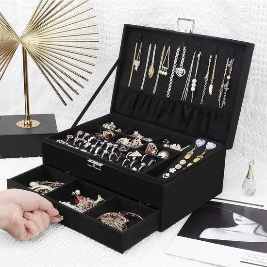 Sieradendoos, sieradenkistje met schuifladen voor dames en meisjes, fluwelen sieradendoosje, grote sieradenorganizer voor ringen, oorbellen, armbanden, halskettingen, zwart