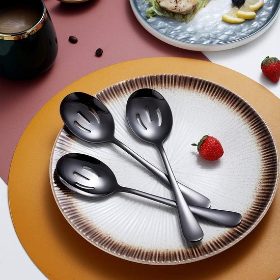 Zwarte 10-delige serveerbestekset, roestvrijstalen serveerset met gleufschep, opscheplepel, taartschep, serveervork, soeplepel