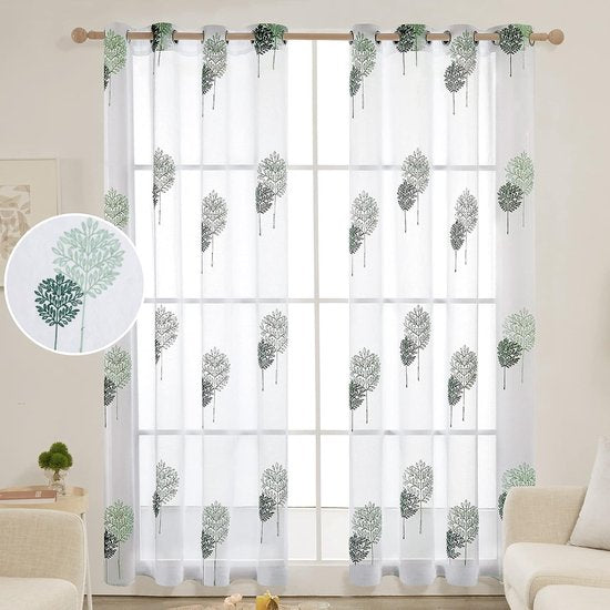 Gordijnen kinderkamer meisjes stores gordijn met ogen transparante gordijnen woonkamer gordijn borduurwerk blad, 175 x 140 cm (hoogte x breedte), lichtgroen + groen, set van 2
