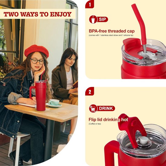 Thermobeker met handvat en rietje, dubbelwandige vacuüm roestvrijstalen isolatiebeker, voor onderweg of kantoor, voor koude warme dranken, 1200 ml, rood