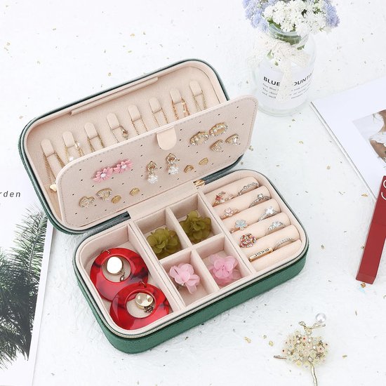 Klein reissieradenkistje, fluweel, voor meisjes en vrouwen, mini-sieradenorganizer, opslag voor ringen, oorbellen, halskettingen, armbanden, klein sieradenkistje, donkergroen