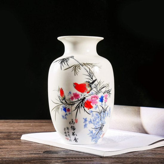 Chinese vogel- en bloemenvaas, Jing Dezhen witte kleine keramische vaas antieke vazen, kunst decoratieve vaas voor huishouden, kantoor, bruiloft, feest