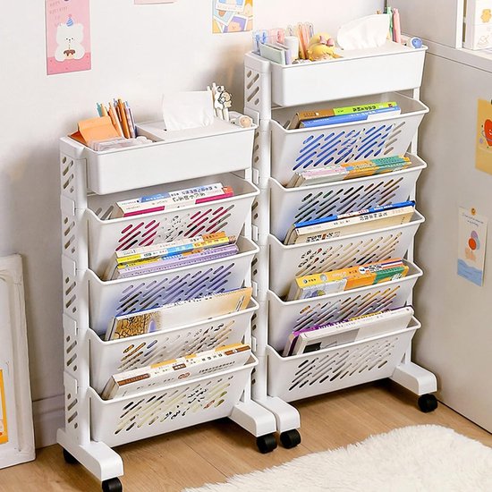 Boekenkast, boekenkast, draaibaar, beweegbaar boekenrek met grote capaciteit, afneembaar praktisch rollend organisatierek van kunststof, multifunctionele rolwagen (5 lagen)