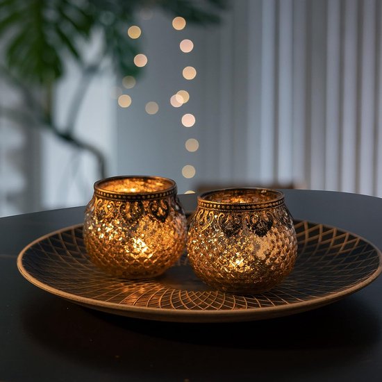 Set van 2 glazen theelichthouders, kaarsenpotten, theelichtglazen, geschenk, bolvorm, koninklijk goud, diameter 8 cm x hoogte 8,8 cm
