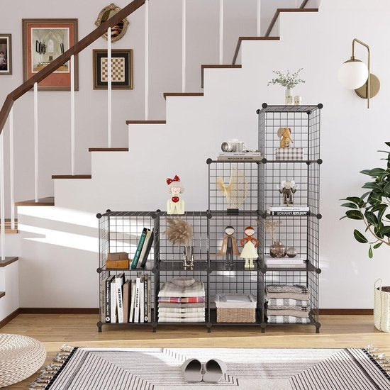 12 Plank Draadkubus Stapelbare Plankkubus DIY Metalen Raster Plankkubus Boekenplank Kubusplank met deuren voor woonkamer, slaapkamer, badkamer Zwart