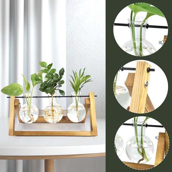 Hydrocultuur glazen vaas, hangvaas, bloemenvaas, vintage reageerbuisvazen, tafeldecoratie, luchtplanten, terrarium, decoratieve vaas met standaard, houten propagatiestation, glazen plantenpot voor