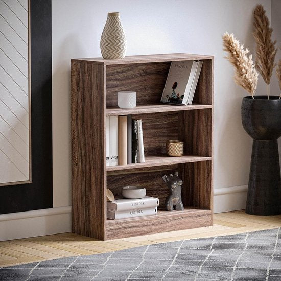 Cambridge Boekenkast met 3 niveaus, laag, walnoot, houten plank voor kantoor, woonkamermeubels