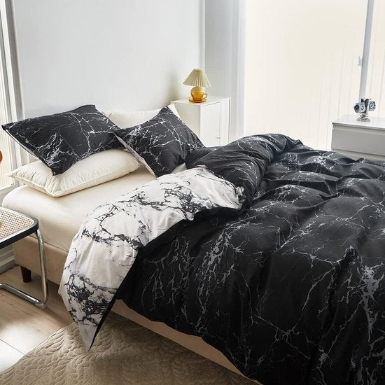 Beddengoedset zowel wit als marmer, dekbedovertrek 200 x 220 cm + kussen schuin 80 x 80 cm, comfortabel donsdekbed voor dames en meisjes, tweepersoonsbed