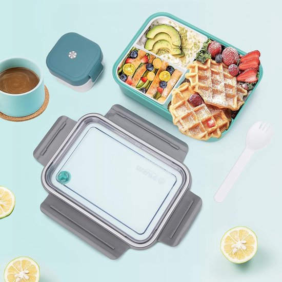 Lunchbox voor volwassenen/kinderen, met vakken en yoghurtbeker om mee te nemen, lekvrij, broodtrommel met onderverdeling, Bento Box, duurzaam, broodtrommel met bestek voor school, werk