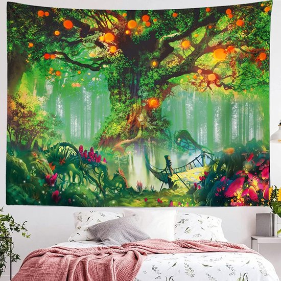 Fantasierijk Zwart Licht Boomtapijt met Bosfee, Natuur en Magische Elfenmotieven, Muurophanging en Trippy UV-reactieve wandtapijten voor slaapkamer - 180 cm x 230 cm