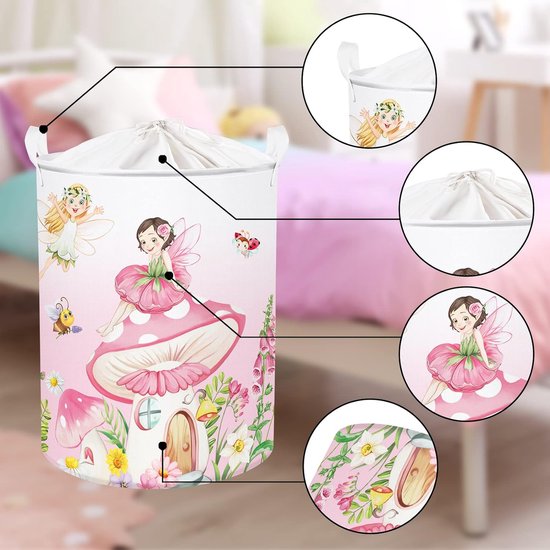 45L Fairy Mushroom Butterflies Flower Pink Baby Girl Laundry Basket Toy Clothes Storage Basket for Children's Room 36 x 45 cm