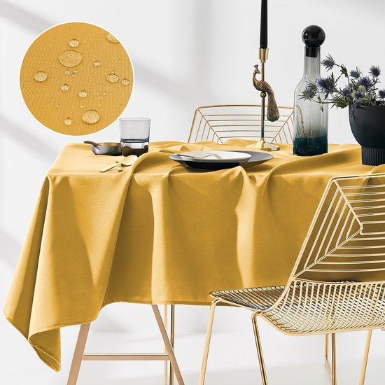 Tafelkleed 140 x 260 cm, tafelkleed, vlekbescherming, afwasbaar, waterafstotend, vuilafstotend, polyester, rechthoekig, banketdecoratie, het hele jaar door mosterd