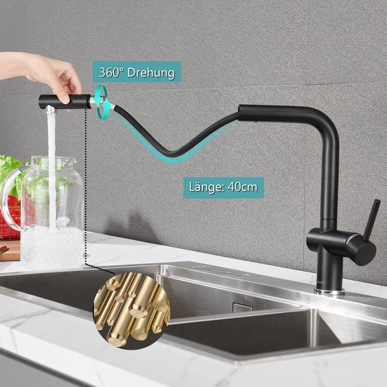 Kraan keuken zwart, keukenkraan met douche uittrekbaar, hogedruk mengkraan keuken armatuur roestvrij staal, L-vorm eengreepsmengkraan spoelbakarmatuur 360° draaibaar met uitloop hoogte 270 mm