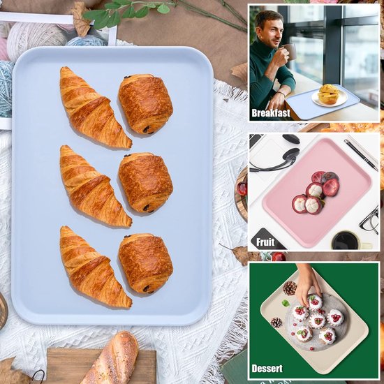 Set van 3 dienbladen, rechthoekige fastfooddienbladen, dienbladen voor voedseldranken, plastic dienblad voor restaurant, café, keuken, feest (roze, blauw, beige)