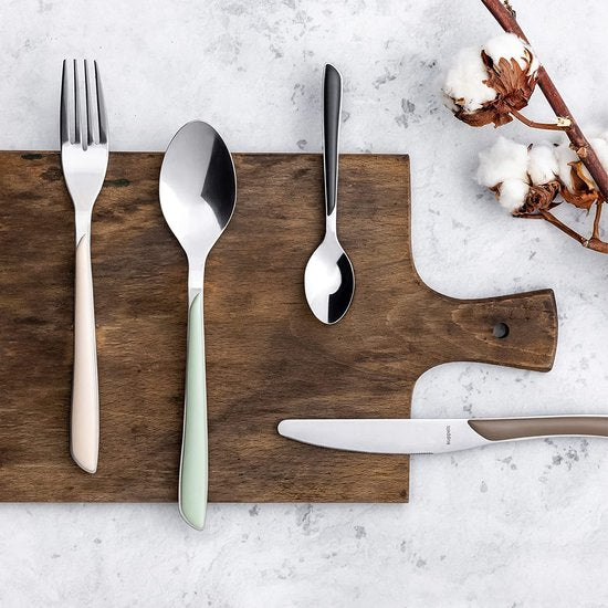 Prisma bestekset voor 6 personen, van gepolijst roestvrij staal, bestekset, 24-delig, hoogwaardige kunststof handgrepen in leigrijs, roestvrij