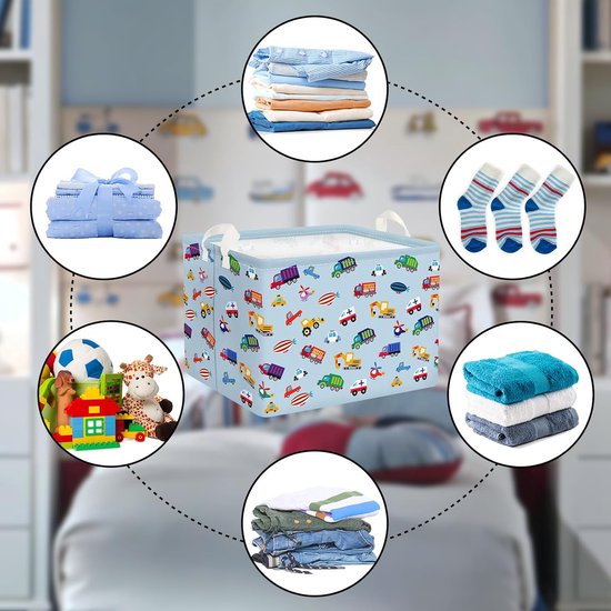 Blauw voertuig vrachtwagen jongen kubus opbergmand voor babykamer graafmachine auto waterdichte rechthoekige stof plankmanden kleding speelgoed kinderen opbergdoos, 40 x 30 x 30 cm