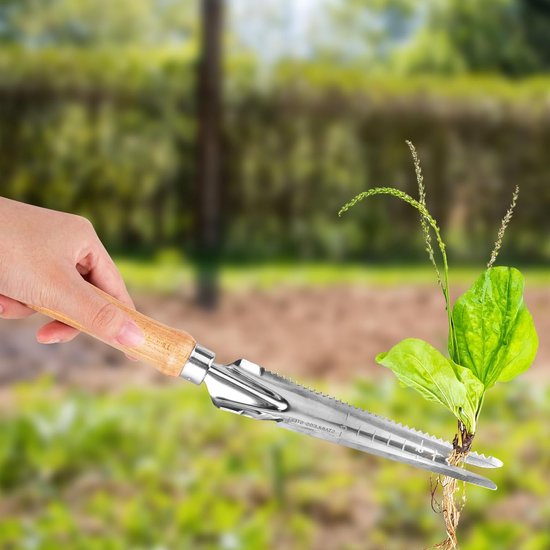 Handmatige onkruidsteker met houten handvat, roestvrij staal, handmatige onkruidsteker voor in de tuin, handmatig onkruidsteker, voor tuin, wieden, verplanten, ontwortelen, 3 stuks