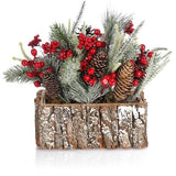 Decoratief bloemstuk Kerstmis - kleine winterse tafelversiering in schors pot met rode bessen, decoratieve sneeuw, kegels - leuke tafeldecoratie voor de adventstijd (1 stuk - 25 cm - rode