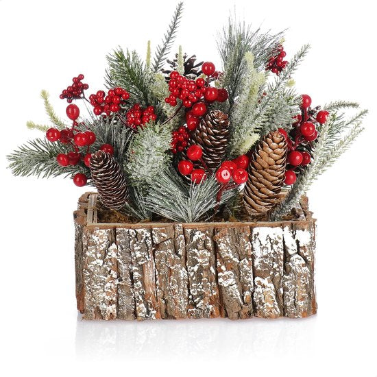 Decoratief bloemstuk Kerstmis - kleine winterse tafelversiering in schors pot met rode bessen, decoratieve sneeuw, kegels - leuke tafeldecoratie voor de adventstijd (1 stuk - 25 cm - rode