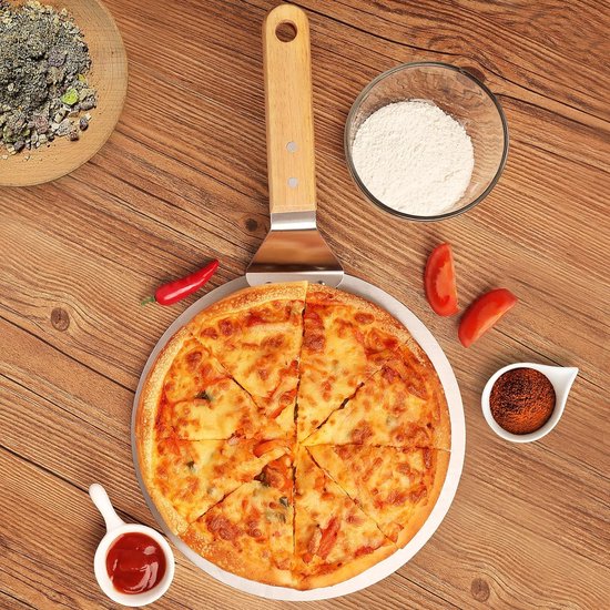 Pizzaschuiver, pizza schep metaal met houten handvat en roestvrij stalen metalen dienblad voor zelfgemaakte pizza's, gebak, deeg, brood, gebak enz. Heavy Duty ovenschuiver, 25 cm