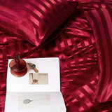 Satijn beddengoed 200 x 220 cm rood zijdeglans gestreept beddengoed set 3-delig hoogwaardig luxe dekbedovertrek met verborgen ritssluiting en 2 kussenslopen 80 x 80 cm, wijnrood