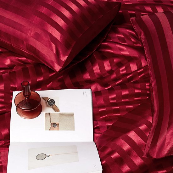 Satijn beddengoed 200 x 220 cm rood zijdeglans gestreept beddengoed set 3-delig hoogwaardig luxe dekbedovertrek met verborgen ritssluiting en 2 kussenslopen 80 x 80 cm, wijnrood