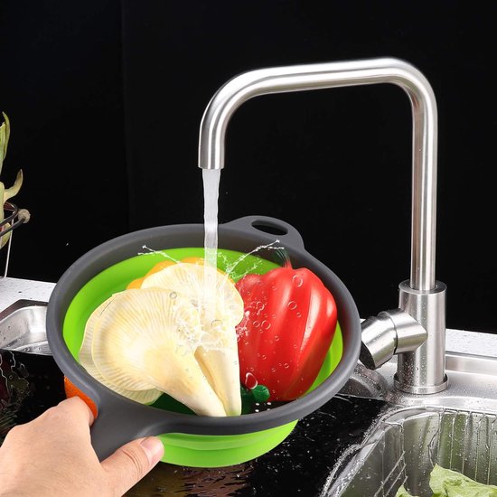 Set van 2 opvouwbare siliconen filtermanden met handvat, opvouwbare vergietzeef, siliconen opvouwbare vergiet pastazeefset, keukenzeef waskom voor pasta, fruit, groenten (groen)