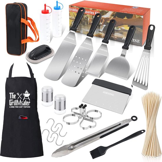 Grillspatel RVS grill accessoires set, 123 stuks, grillbestek, plancha spatel, vuurplaat, accessoires, kit, Besteksets met grill, draagtas voor tuin en camping, BBQ cadeauset voor mannen
