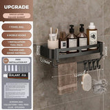 Badkamerplank zwart douchemandje en keukenopberger zonder boormachine. Roestbestendige aluminium badkamerwagen voor wandmontage met 6 haken