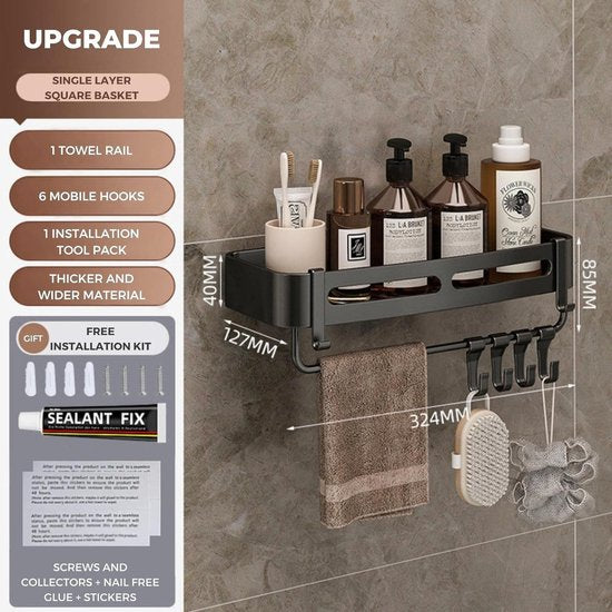 Badkamerplank zwart douchemandje en keukenopberger zonder boormachine. Roestbestendige aluminium badkamerwagen voor wandmontage met 6 haken