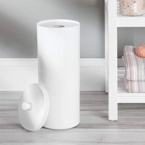 grote toiletpapierhouder met deksel - toiletpapieropslag van kunststof (diameter: 16 cm) staand - toiletpapierbox ook voor grote rollen - wit