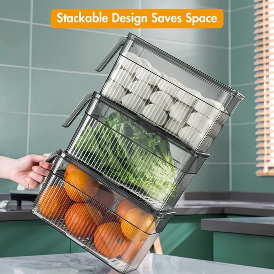 Koelkastorganizer, 3-delige set, koelkastopbergdoos, stapelbaar met deksel en handvat, opbergsysteem voor koelkast, groenten en fruit voor keuken, koelkast, kasten, BPA-vrij
