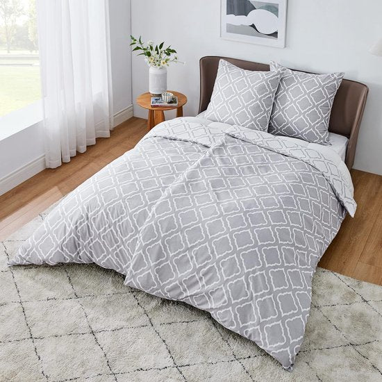 Beddengoed, 135 x 200 cm, 4-delig dekbedovertrek - beddengoedsets 135 x 200 cm, microvezel, met 2 kussenslopen van 80 x 80 cm, Öko-Tex beddengoedset, rasterpatroon, met ritssluiting, grijs