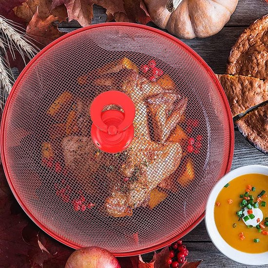 Netafdekking voor levensmiddelen, 3 stuks voedselafdekking buiten, voedselafdekking voor levensmiddelen, voedselafdekking mesh met handvat, voor keuken, picknick (3 kleuren)